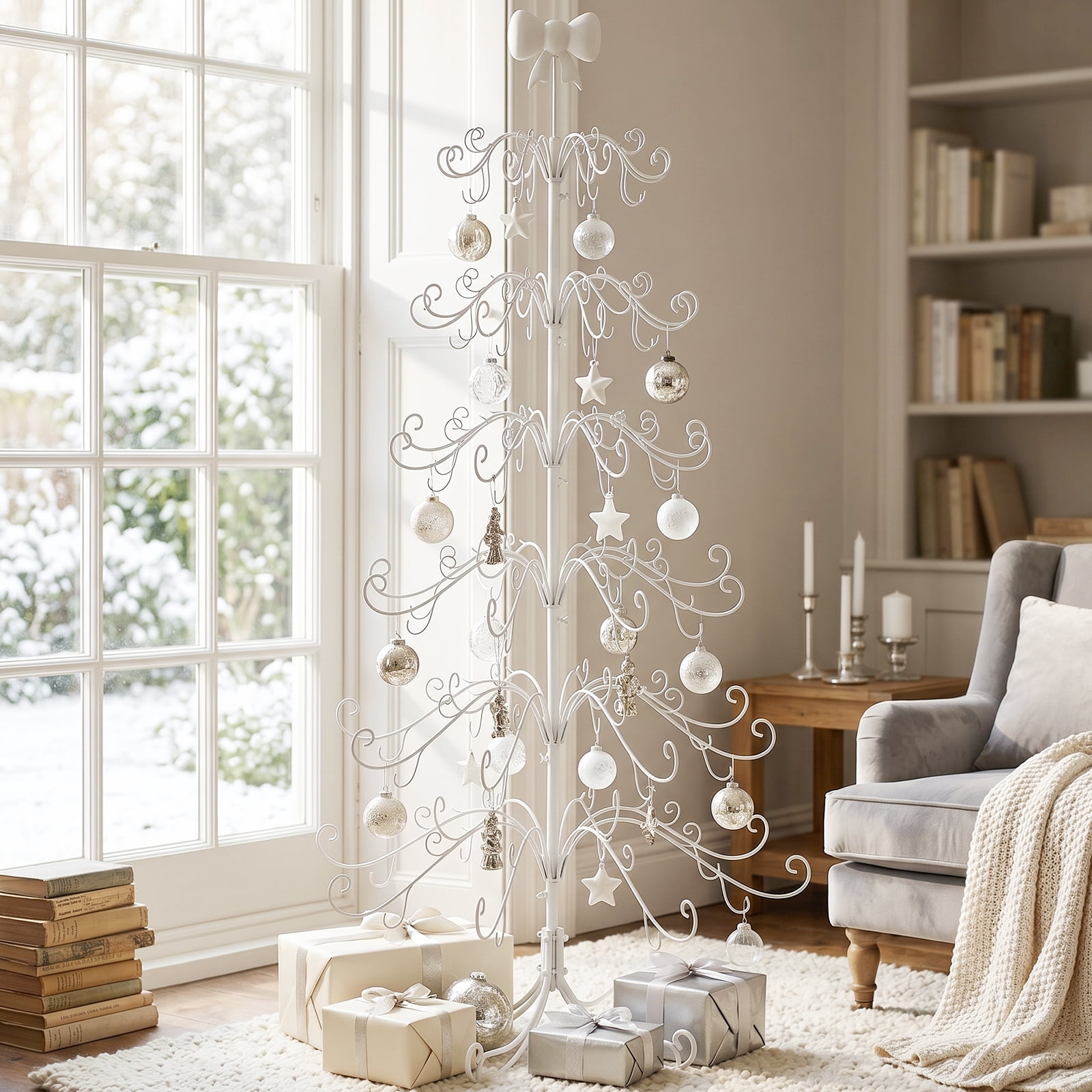 6ft White PVC Metal Artificial Christmas Tree with Bow Topper, No Extra Ornaments, Daily Decor Tree