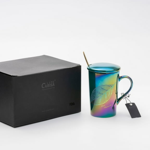 Green leaf ceramic mug with lid and spoon as a gift for friends and classmates,Green,12