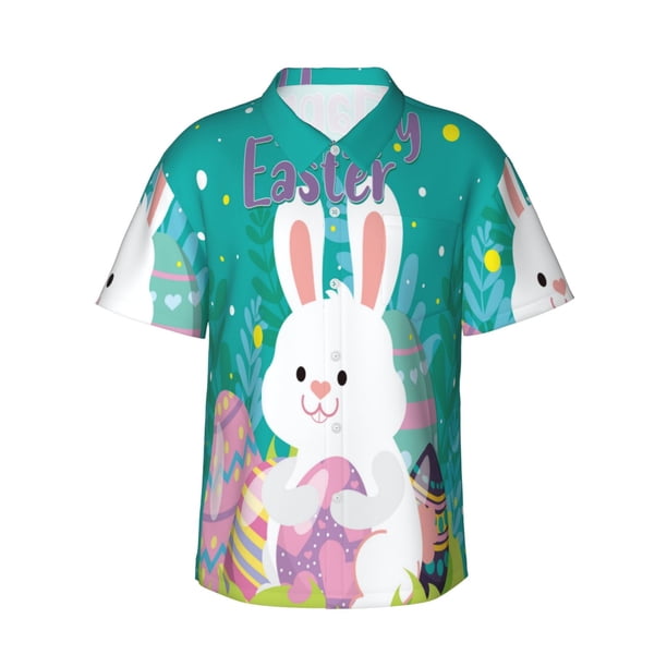Fotbe Happy easter Camisa Hawaiana para Hombre Unisex – Camisa Casual de Verano con Botones de Manga Corta de Algodón y Lino,X-Large