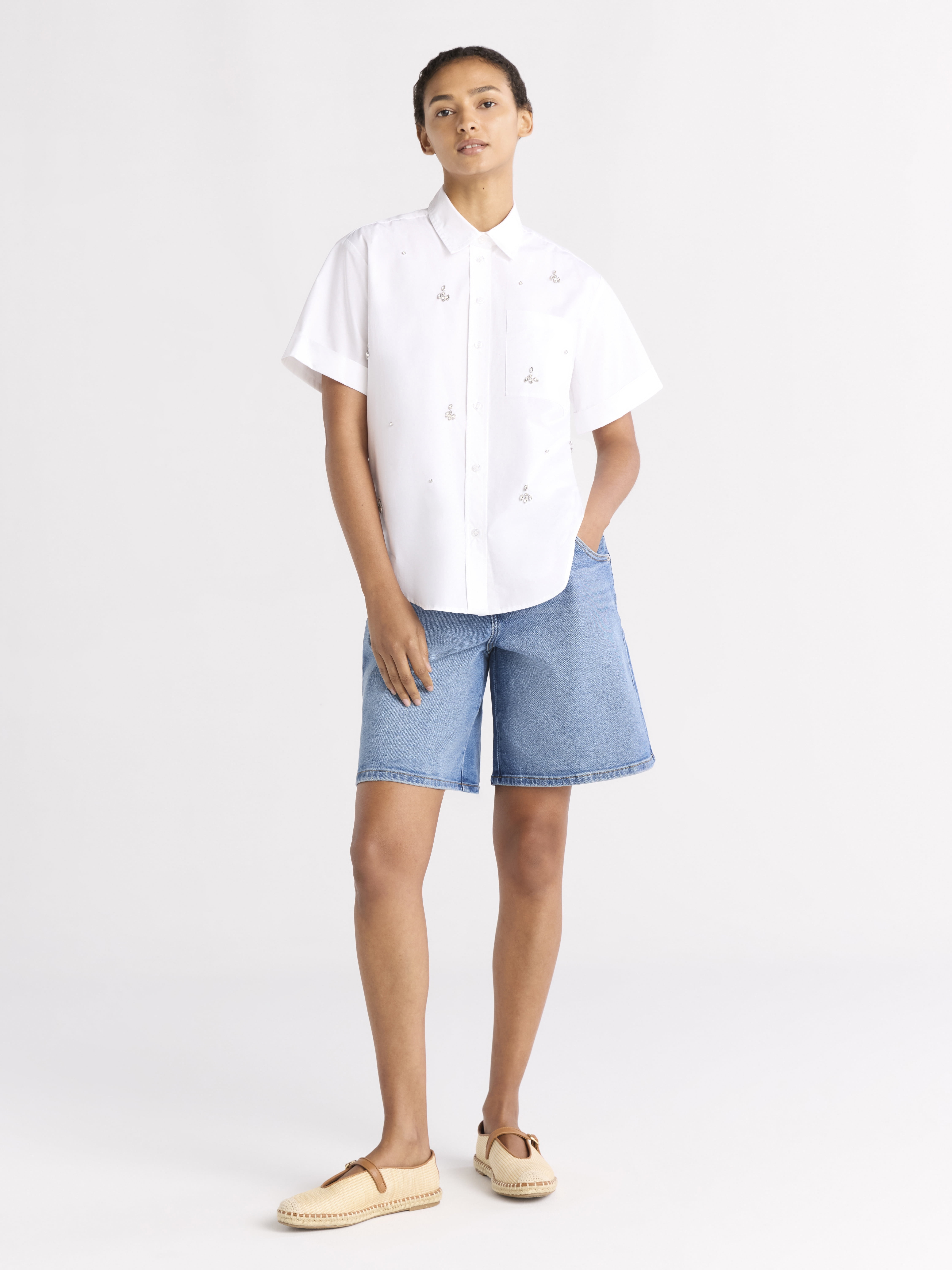 Free Assembly Women's Embellished Cotton Button Up Shirt, Sizes XS-XXL