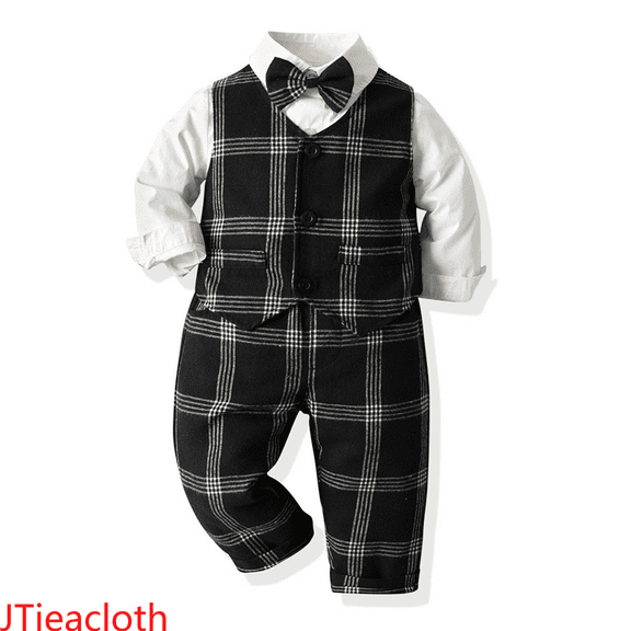 JTieacloth Boys Top and Shorts Sets Toddler Boys Long Sleeve T Shirt Tops Plaid Vest Coat Pants Child Kids Outfits,Sizes 2-3 Years(Black)