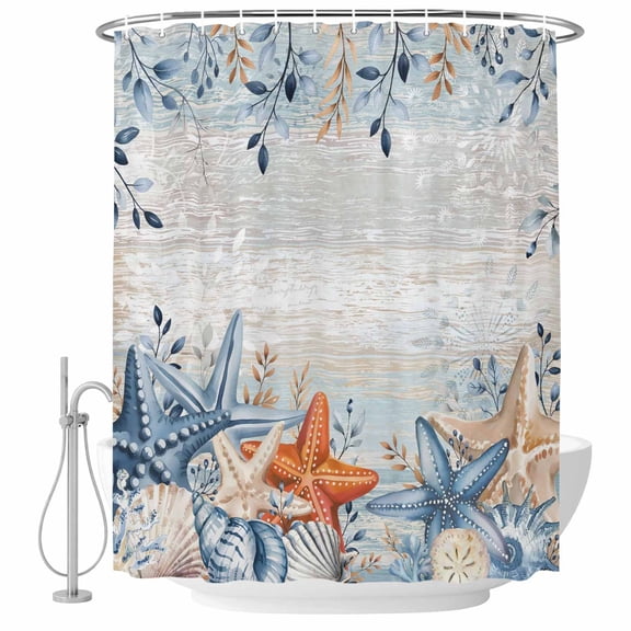 Orange Blue Starfish Coastal Shower Curtain, Waterproof Shower Curtains for Bathroom, Summer Beach Eucalyptus Vintage Washable Fabric Bathtub Curtain Set Bath Decor with 12 Hooks Standard 72"x72"