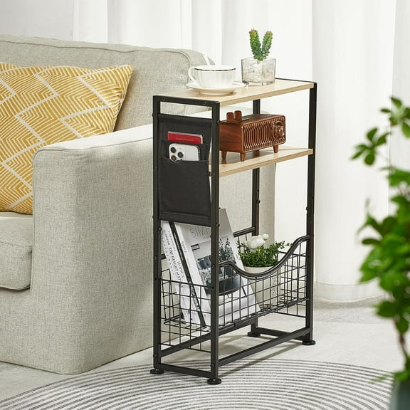 Narrow Side Table, Skinny Small End Tables with Magazine Holder, 3 Tier Small Sofa Side Table for Smalls Spaces, Sofa Couch Tables Bedside Table for Living Room Bedroom Office