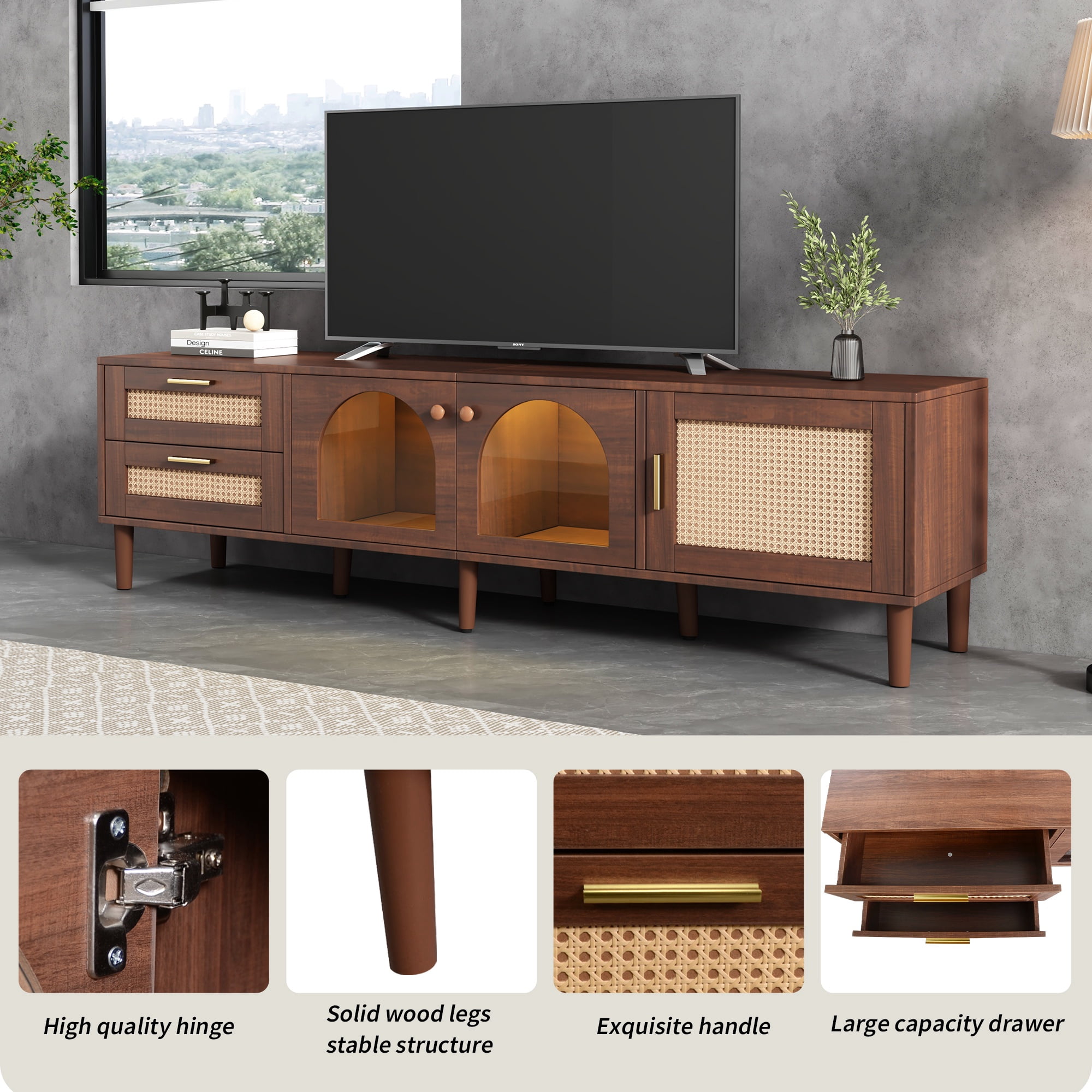 PORKISS LED TV Stand for 80 Inch TV, Entertainment Center with LED Lights and Storage Shelves, Media Console with Glass Transparent Board for Living Room, Dark Brown
