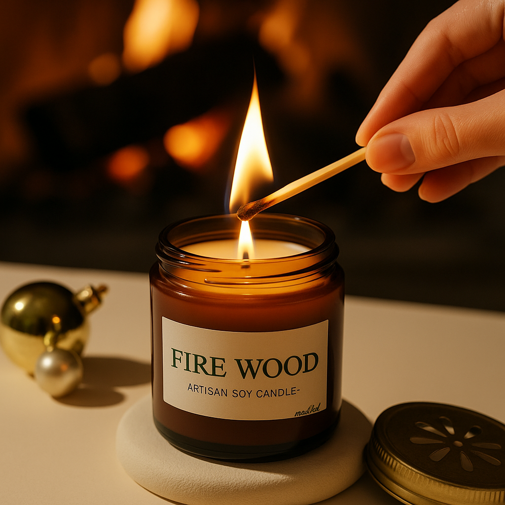 Nature Skin Shop Firewood Soy Candle – Clean-Burning Wood Wick Candle with Smoky Cedar & Amber Notes – 8 oz Jar – Cozy Modern Home Fragrance