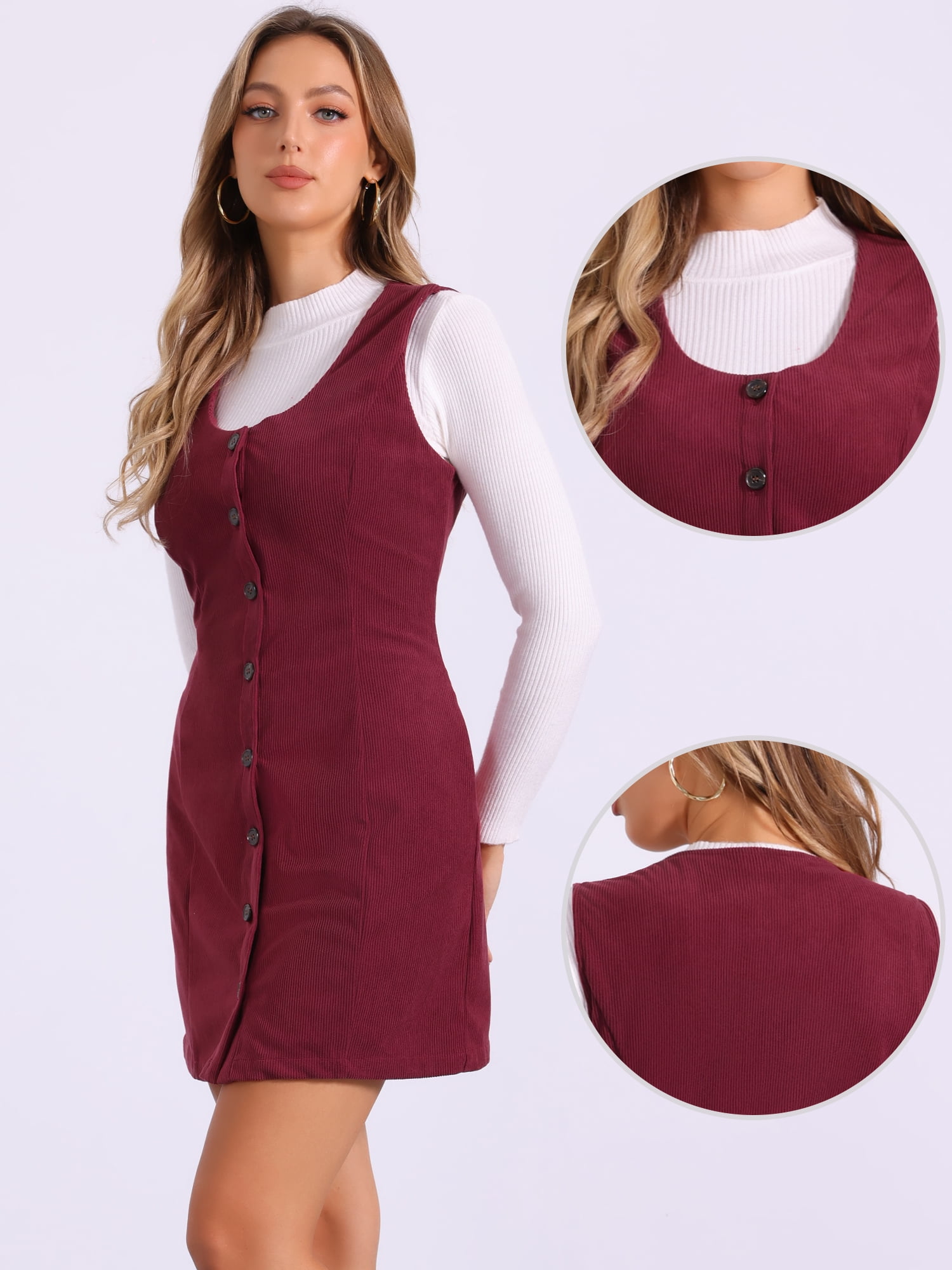 DARING DIVA Women's Corduroy Button Down Pinafore Overall Dress M Burgundy