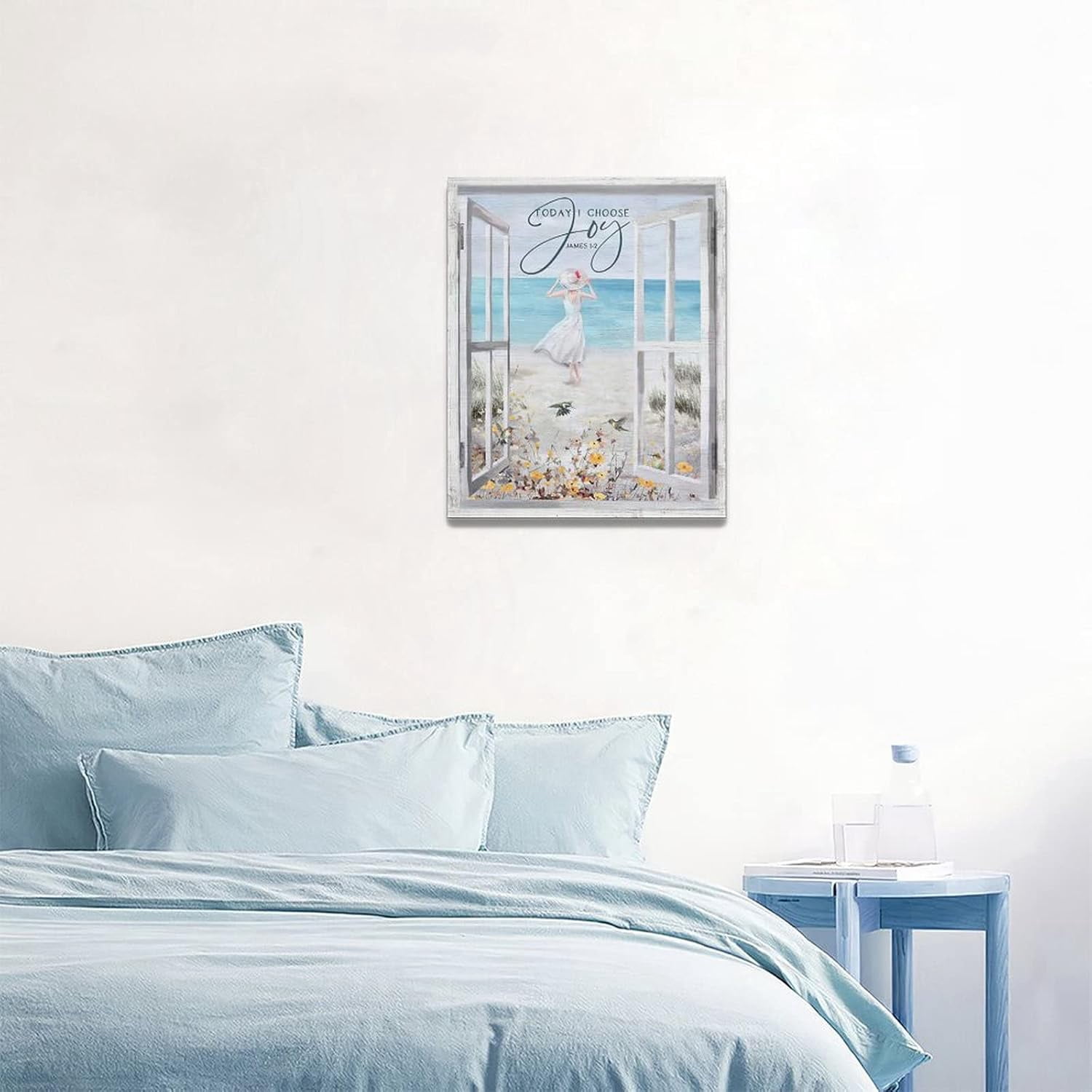 Taimeng Beach Bathroom Wall Art Hummingbirds Flower Pictures Coastal Ocean Bathroom Wall Decor Beach Girl Window Style Canvas Prints Painting Framed Artwork for Bathroom Living Room Bedroom16''x20''
