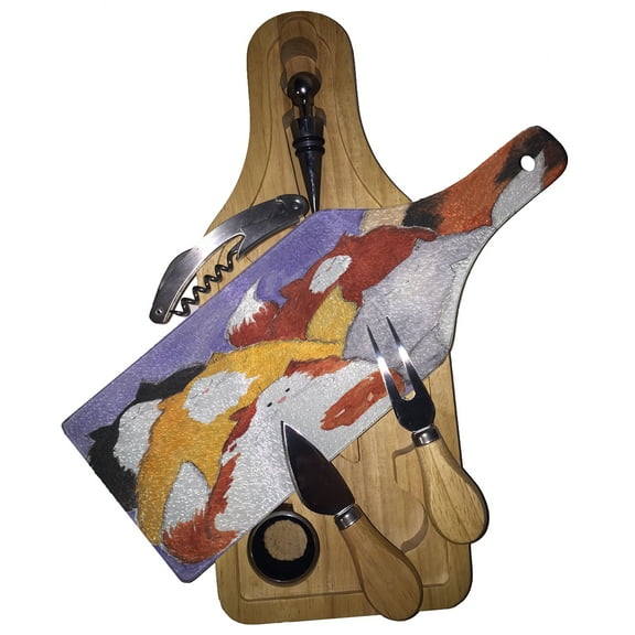 KuzmarK Wine & Cheese Glass Cutting Board Wood Box Gift Set - Eight Colorful Maine Coon Kitties Abstract Cat Art by Denise Every