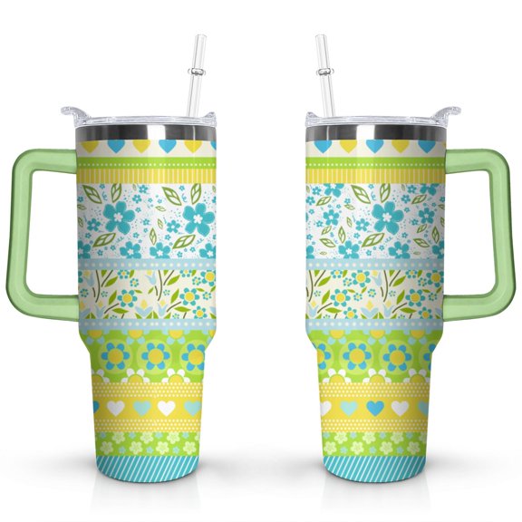 40oz Boho Patchwork Tumbler with Handle Lid and Straw,Bohemian Style Colorful Floral Tumblers Gifts for Women Girls Men Adults（Light-green）