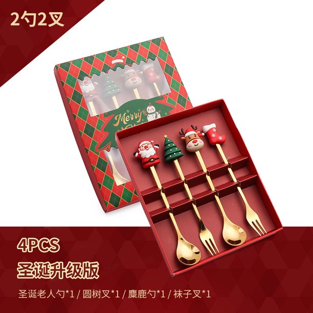 Juego de cucharas navideñas cruzadas, cuchara navideña divertida de dibujos animados, cuchara y tenedor de postre creativo de Papá Noel, regalo