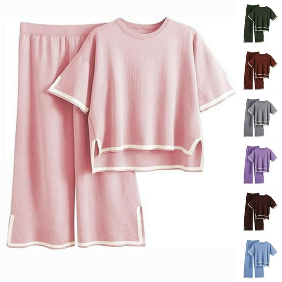 Bovxnpu Summer Casual Outfits For Women, 2 Piece Lounge Sets, Women's Summer Knitted Sweater Set Short Sleeve Pullover Wide Leg Pants S