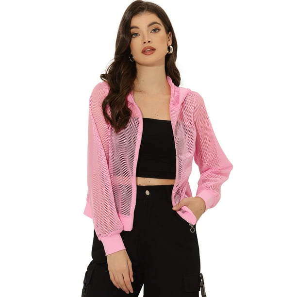 Chaqueta con capucha para mujer con cremallera de manga larga de malla pura chaquetas de bombardero Rosa XS
