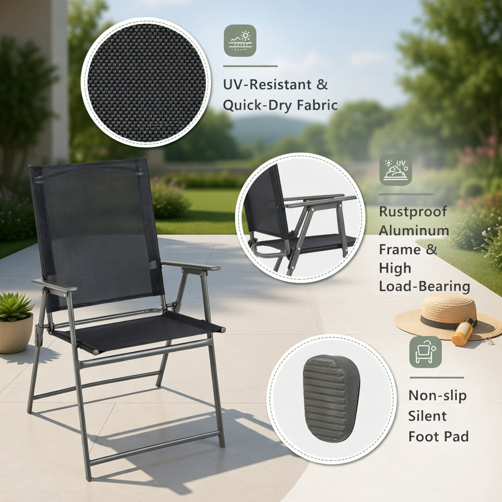 Hommoo 4-Pack Folding Patio Chairs with Rust-Resistant Metal Frame, Heavy-Duty Outdoor Chairs, Space-Saving Foldable Design for Backyard, Deck & Camping, Black