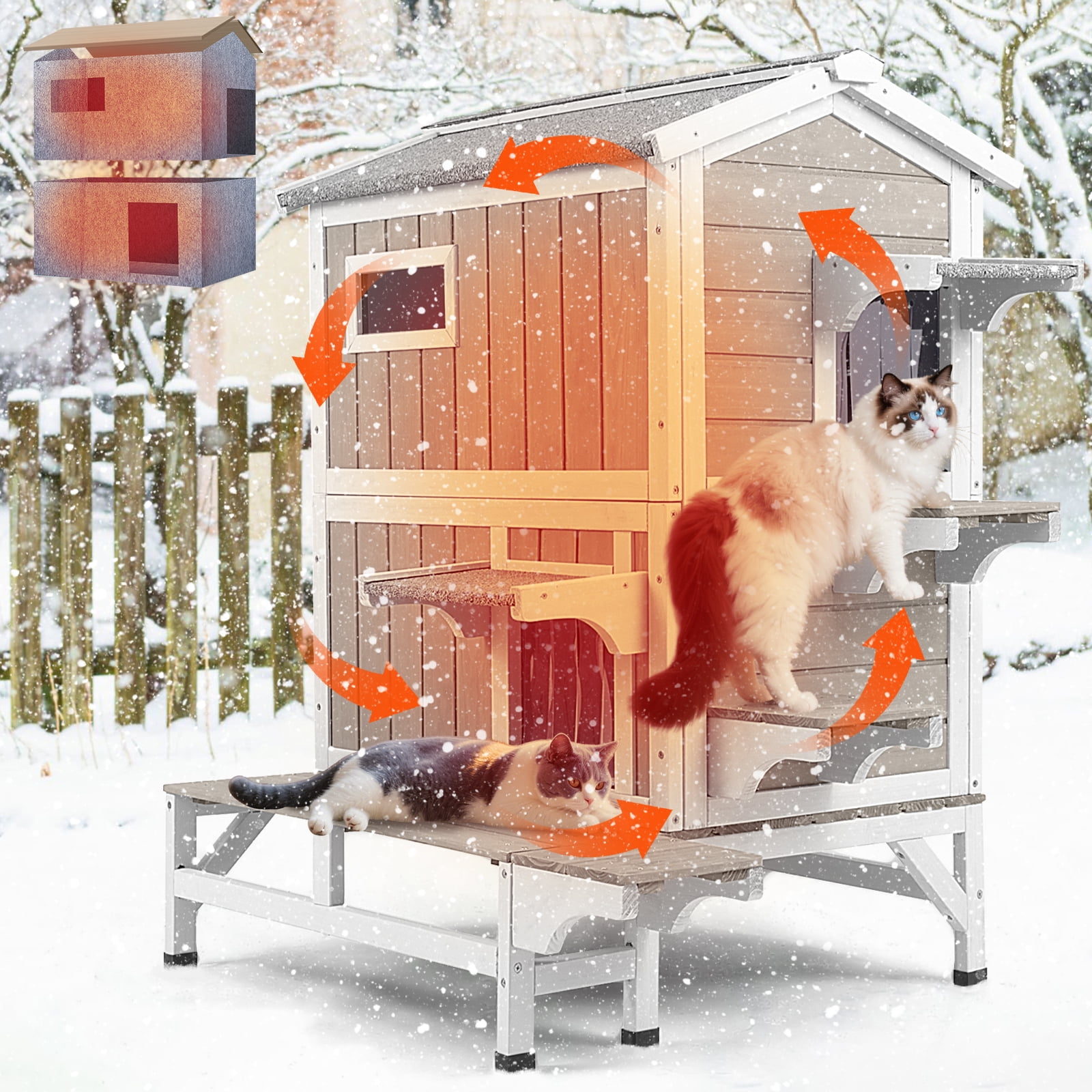 PETSCOSSET Insulated Outdoor Cat House Wooden Feral Cat Shelter with Balcony