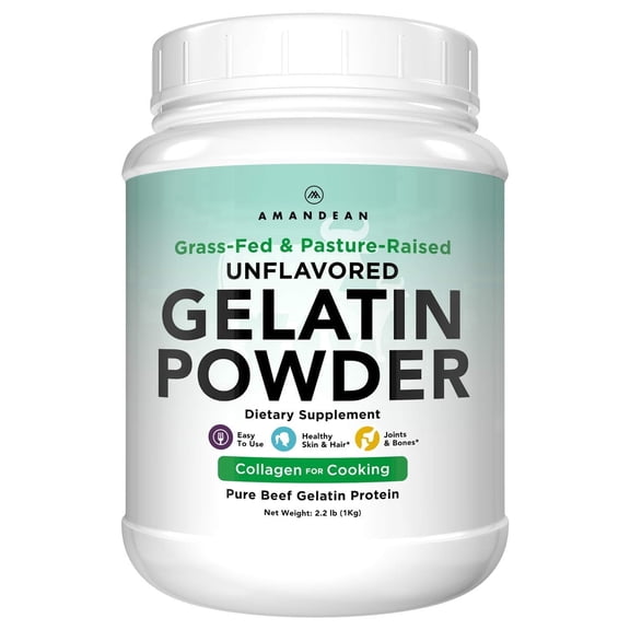AMANDEAN Unflavored Gelatin Powder XL. Grass-Fed Beef Collagen Protein Supplement. 225 Bloom Strength. Healthy Skin, Hair, Nails, & Gut