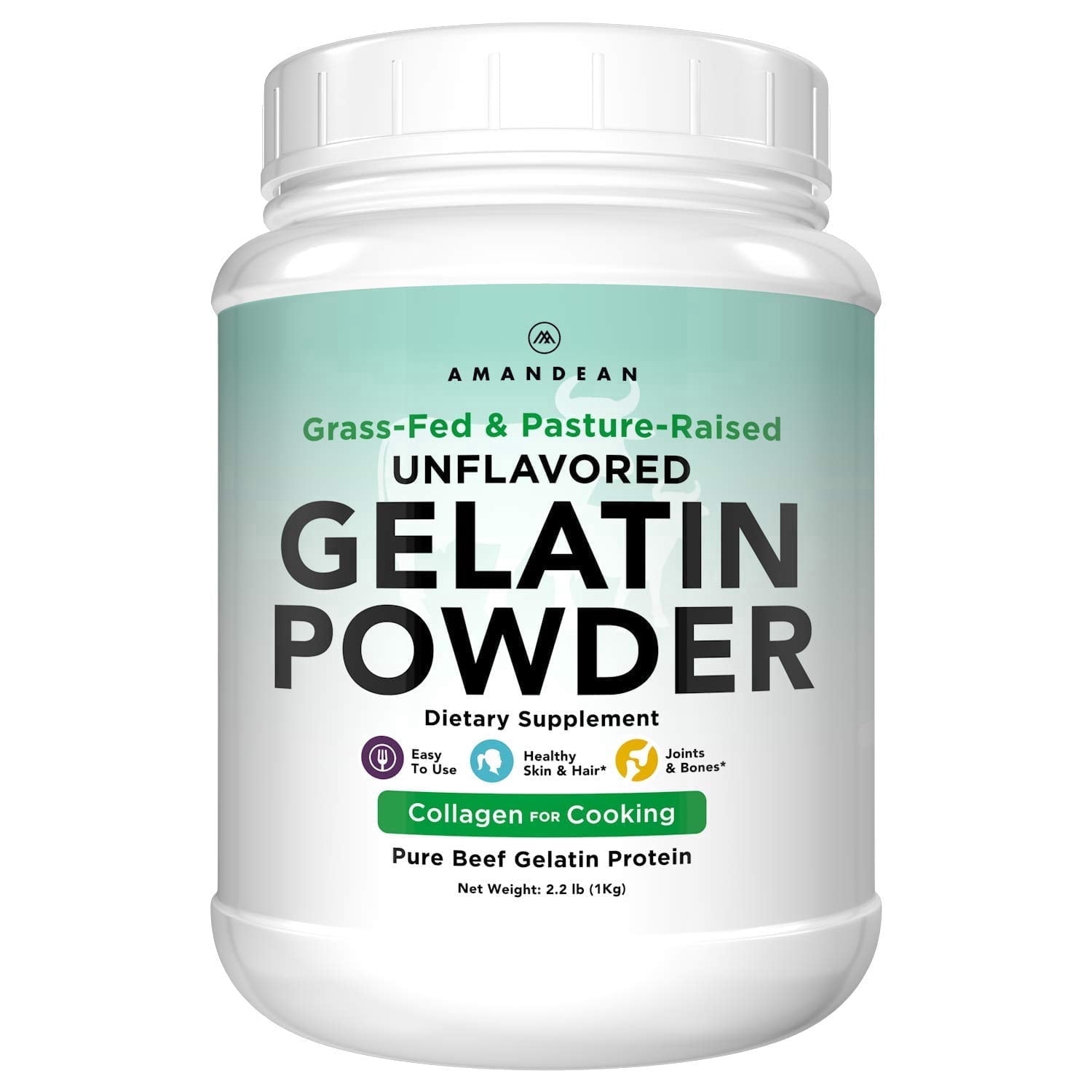 AMANDEAN Unflavored Gelatin Powder XL. Grass-Fed Beef Collagen Protein Supplement. 225 Bloom Strength. Healthy Skin, Hair, Nails, & Gut
