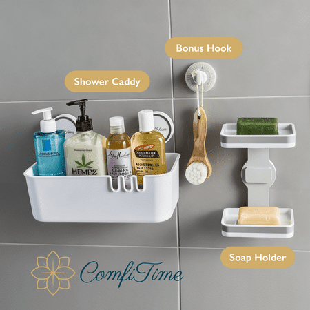 ComfiTime Suction Cup Shower Caddy Soap Holder & Toothbrush Holder Set – No-Drill/Adhesive Durable Bathroom Shelf Organizer Removable Plastic Bathtub Caddy Inside Shower Storage Rack Holds 22lbs