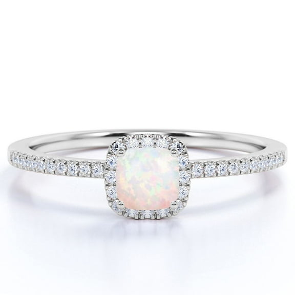 JeenMata Vintage 1.75 ct Cushion Cut Real Welo Opal and Moissanite Cluster Engagement Ring in 18K White Gold over Silver