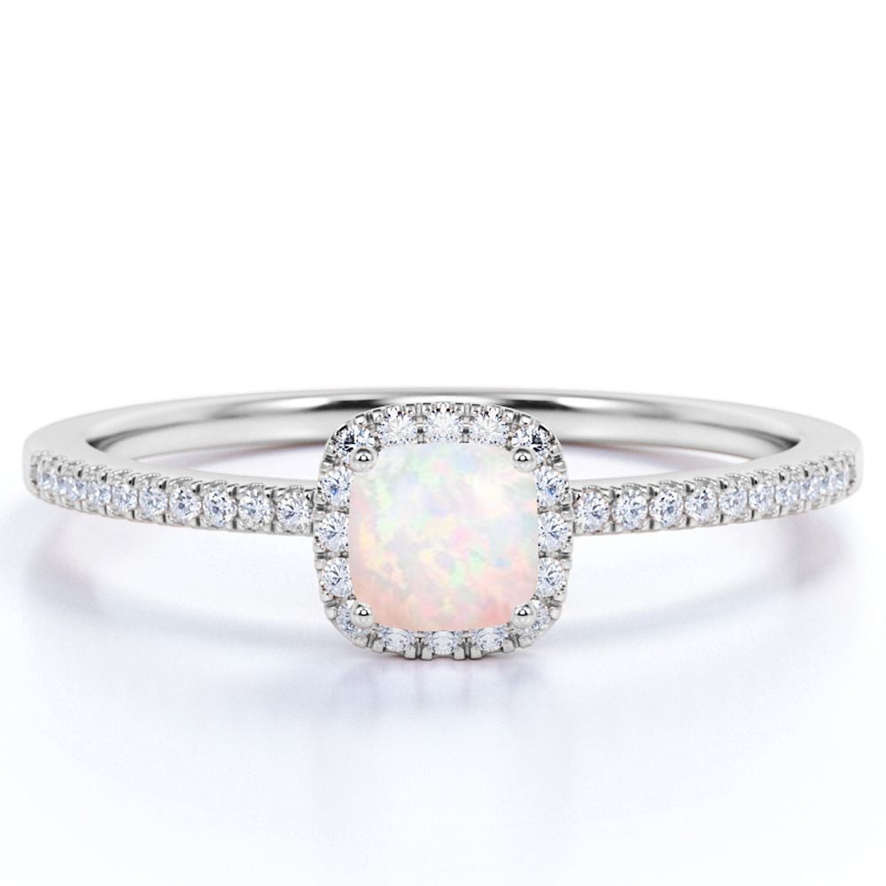 JeenMata Vintage 1.75 ct Cushion Cut Real Welo Opal and Moissanite Cluster Engagement Ring in 18K White Gold over Silver