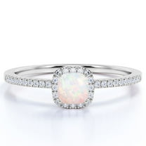 JeenMata Vintage 1.75 ct Cushion Cut Real Welo Opal and Moissanite Cluster Engagement Ring in 18K White Gold over Silver