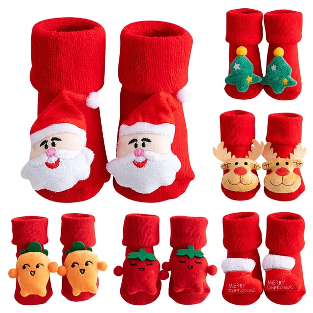 Calcetines navideños para bebés Mezcla de algodón Antideslizante Niños recién nacidos Bebés bebés Ropa Regalos Calcetines para niños Patrones surtidos 0-1 años Tipo 1 6 pares Methold BA000376-01