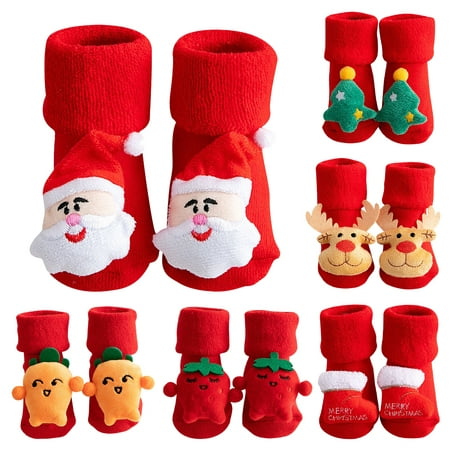 

6 Pairs Baby Christmas Themed Socks Cotton Blend Non-skid Newborn Kids Infant Babies Clothing Gifts Boys Sock Assorted Patterns 0-1 Years Old Type 1
