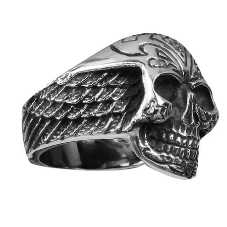 Winged Skull Ring Stainless Steel Skull Ring with designs on the head and Wings on sides (Available in Sizes 10 to 14)size 10 ()