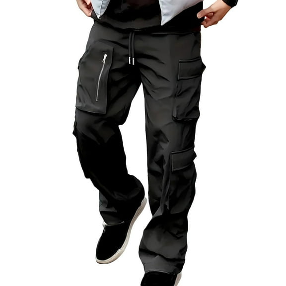 Men’s Loose Fit Cargo Pants with Multiple Pockets Drawstring Waistband Zipper Details Casual Straight Leg Trousers