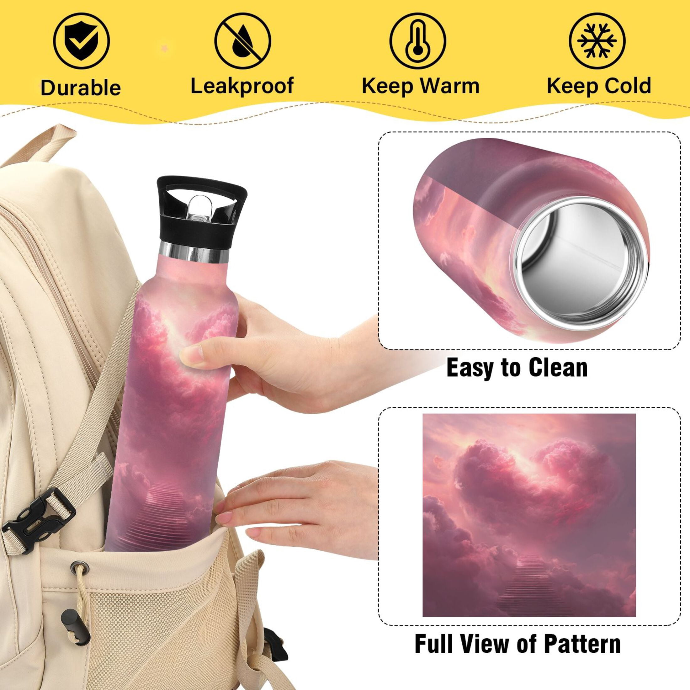 Kids Insulated Stainless Steel Sports Water Bottle 600ml Pink Heart-shaped Cloud