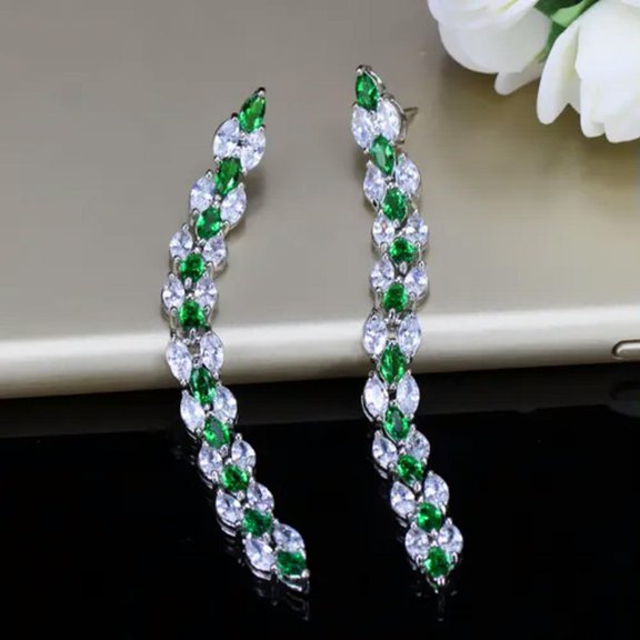 EOEMY Royal Blue Cz Long Salix Leaf Necklace And Earrings Bridal Pageant Jewelry Set