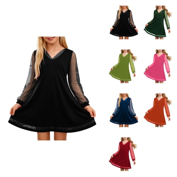 Girls' Long Sleeve V-Neck Party Dress with Sheer Mesh Puff Sleeves, High Waist Design, and Functional Pockets for Ages 7-13