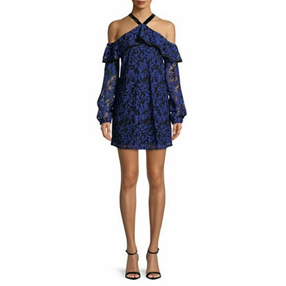 WAYF Helena Off The-Shoulder Peasant Dress Lace Floral Blue / Black ( S )