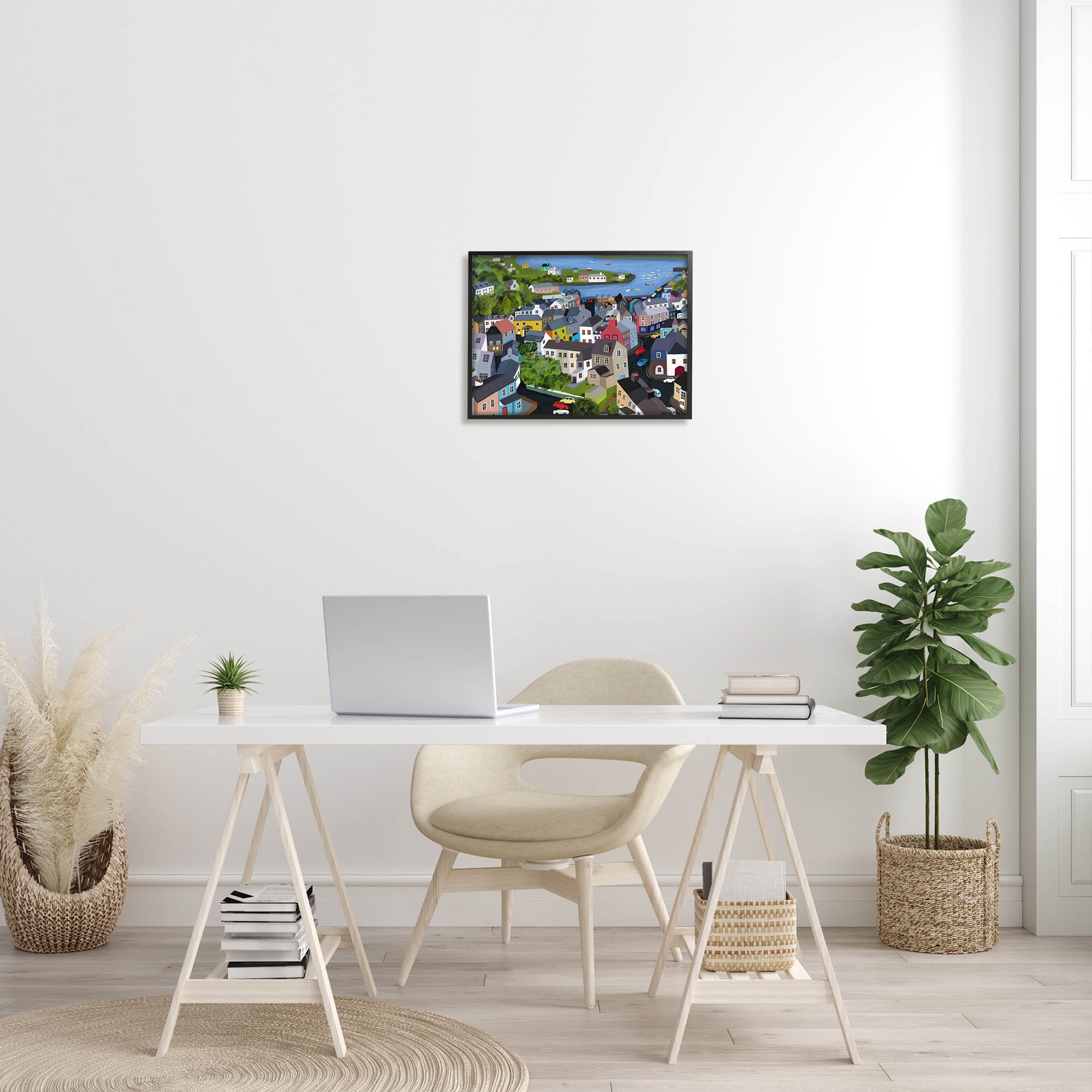 Stupell Industries Neighborhood Houses River Architecture Graphic Art Black Framed Art Print Wall Art, Design by Carla Daly