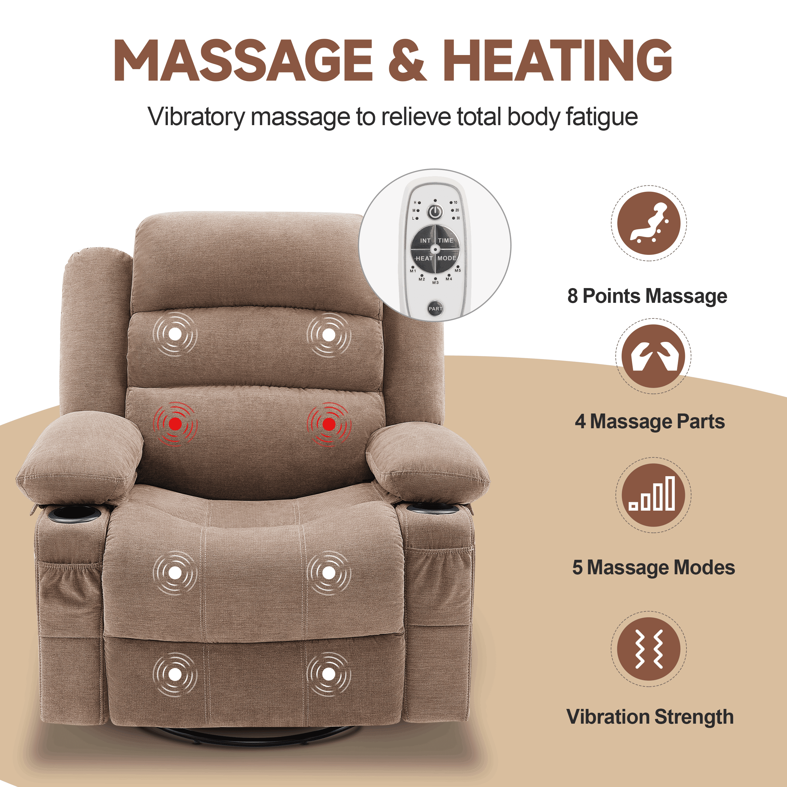 Rocker Recliner Chair with Heat and Massage, 360° Swivel Recliner Chairs for Adults, Oversized Recliner Single Sofa Seat with Cup Holders, Brown