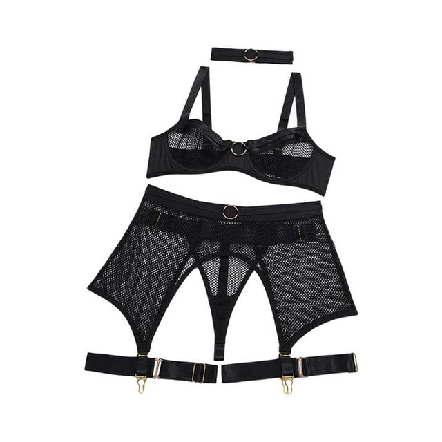 Conjunto de lencería sensual para mujer, de malla de poliéster y barra para San Valentín. Negro S