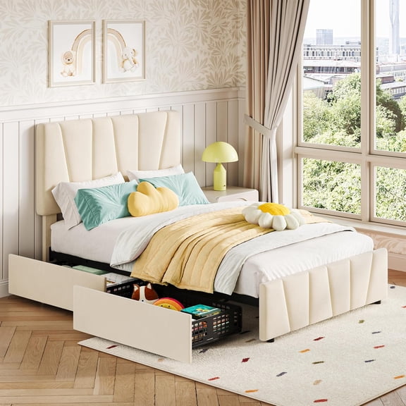 Beige Twin Bed Frame with Adjustable Headboard & 2 Storage Drawers, Velvet Upholstered Tufted Platform with Wood Slat Support, No Box Spring Needed