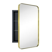 TEHOME Gold Rectangle Recessed Bathroom Medicine Cabinet with Mirror Stainless Steel Metal Framed Rounded Rectangular Bathroom Cabinet with Mirror 16x24''