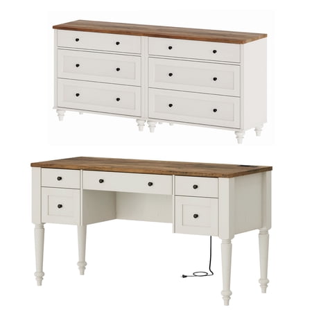 White Home Office Furniture Set 56 Executive Desk with Charging Station 2-in-1 Cabinet with 6 Wooden Drawers Wood Computer Desk with File Cabinet Storage Open Shelf