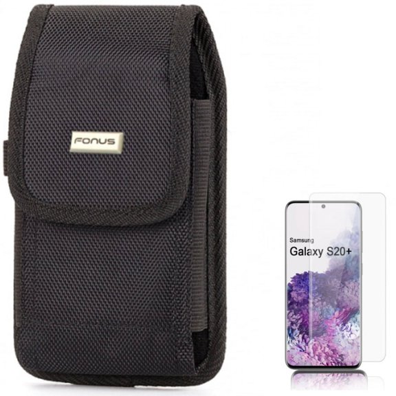 Screen Protector w Case Belt Clip for Samsung Galaxy S20 Plus - Tempered Glass [Fingerprint Unlock] 3D Curved Edge Full Cover, Swivel Holster Rugged Cover K4D fits Samsung Galaxy S20 Plus