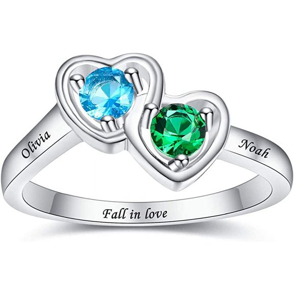 Personalized Name Ring for Women 925 Sterling Silver Double Heart Mothers Rings Customized Promise Ring with 2 Simulated Birthstones and 2 Names