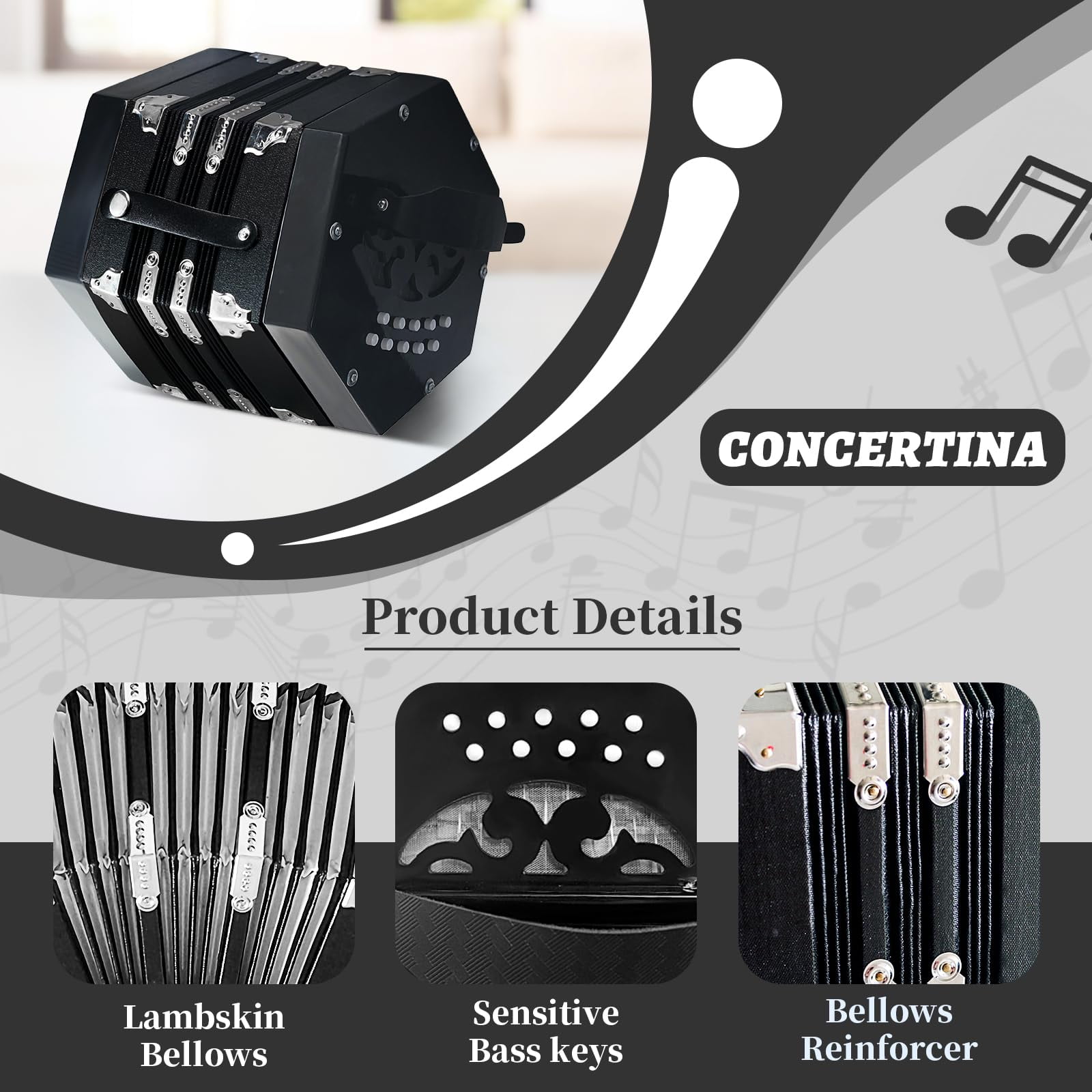 Concertinas,20-Key Accordion for Adults, Professional Accordion for Beginners, Adjustable Hand Straps, Instrument Accessories (Black)