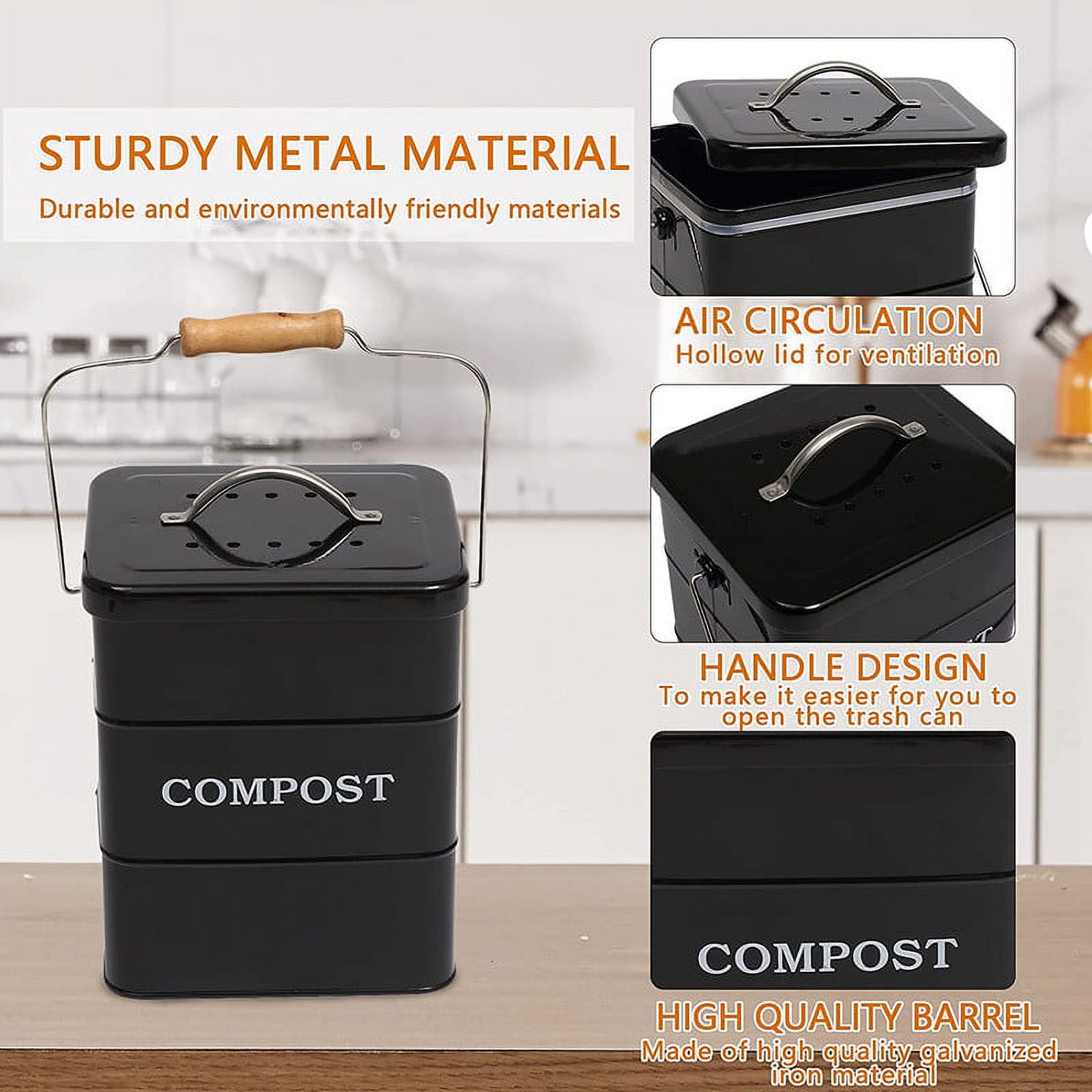 Pethiy Stainless Steel Compost Bin for Kitchen Countertop Compost Bin，1 Gallon, Kitchen Trash Can -Includes Charcoal Filter，Compost Bucket Kitchen Pail Compost with Lid-Black