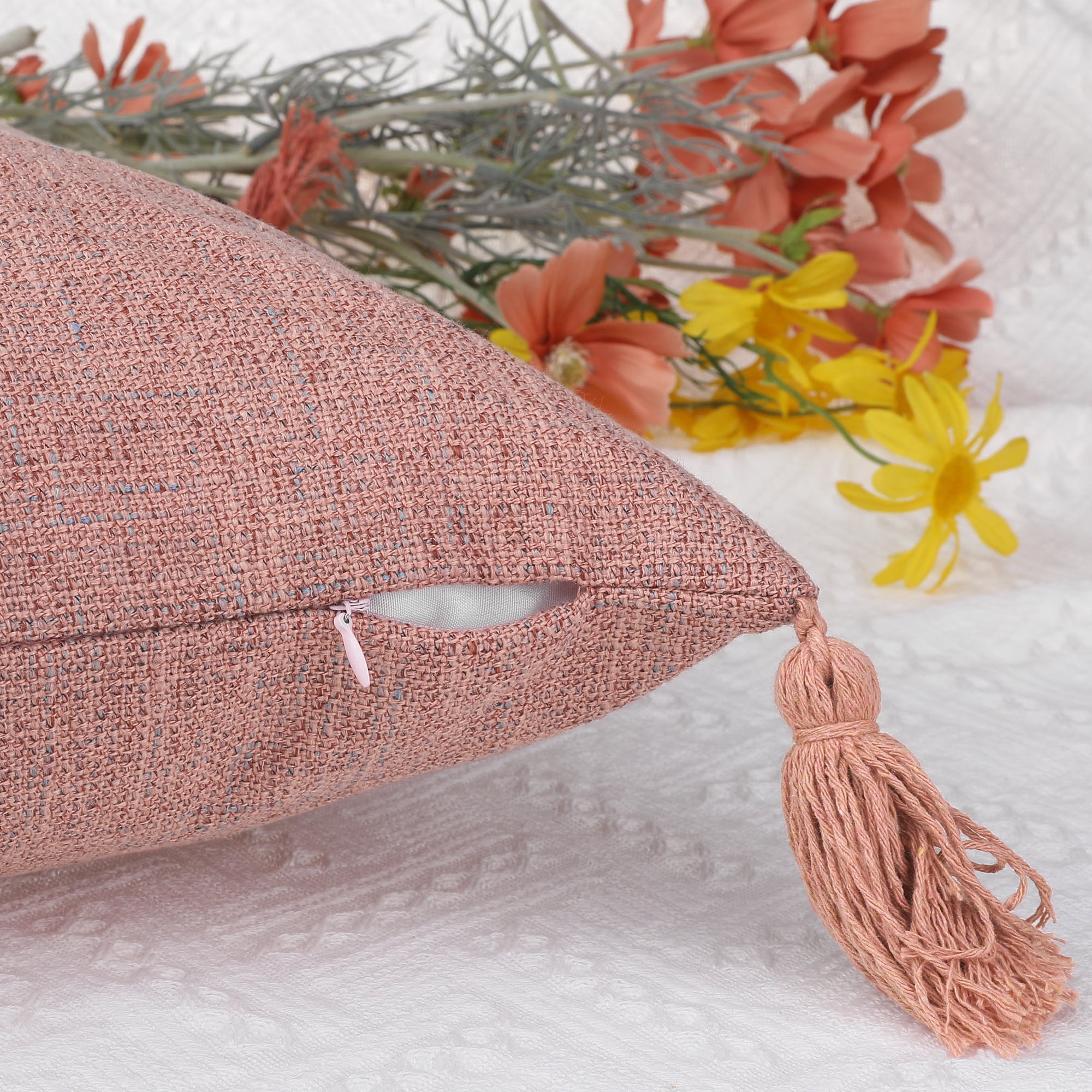 Unique Bargains 4 Pcs Linen Fringe Cushion Cover Throw Pillow Covers with Tassel Design Pink 18" x 18"