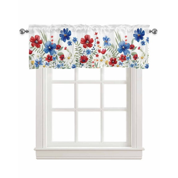 Blue Red Spring Floral Kitchen Valances for Windows Farmhouse Linen Window Valance Curtain for Living Room Window Treatment Pastoral Flowers Watercolor Valance Rod Pocket Topper Drape, 54 x 18 Inch