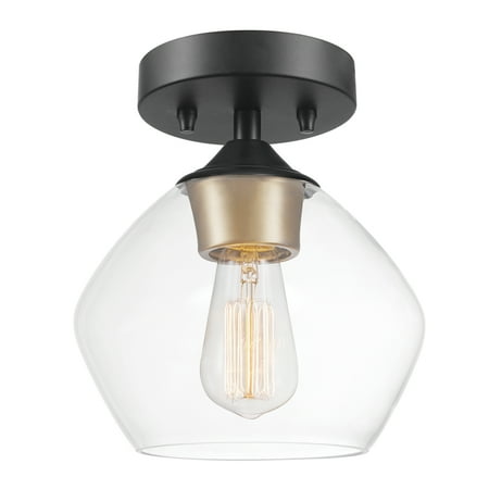Globe Electric Harrow 1-Light Matte Black Semi-Flush Mount Ceiling Light with Gold Accent Socket and Clear Glass Shade, 60333