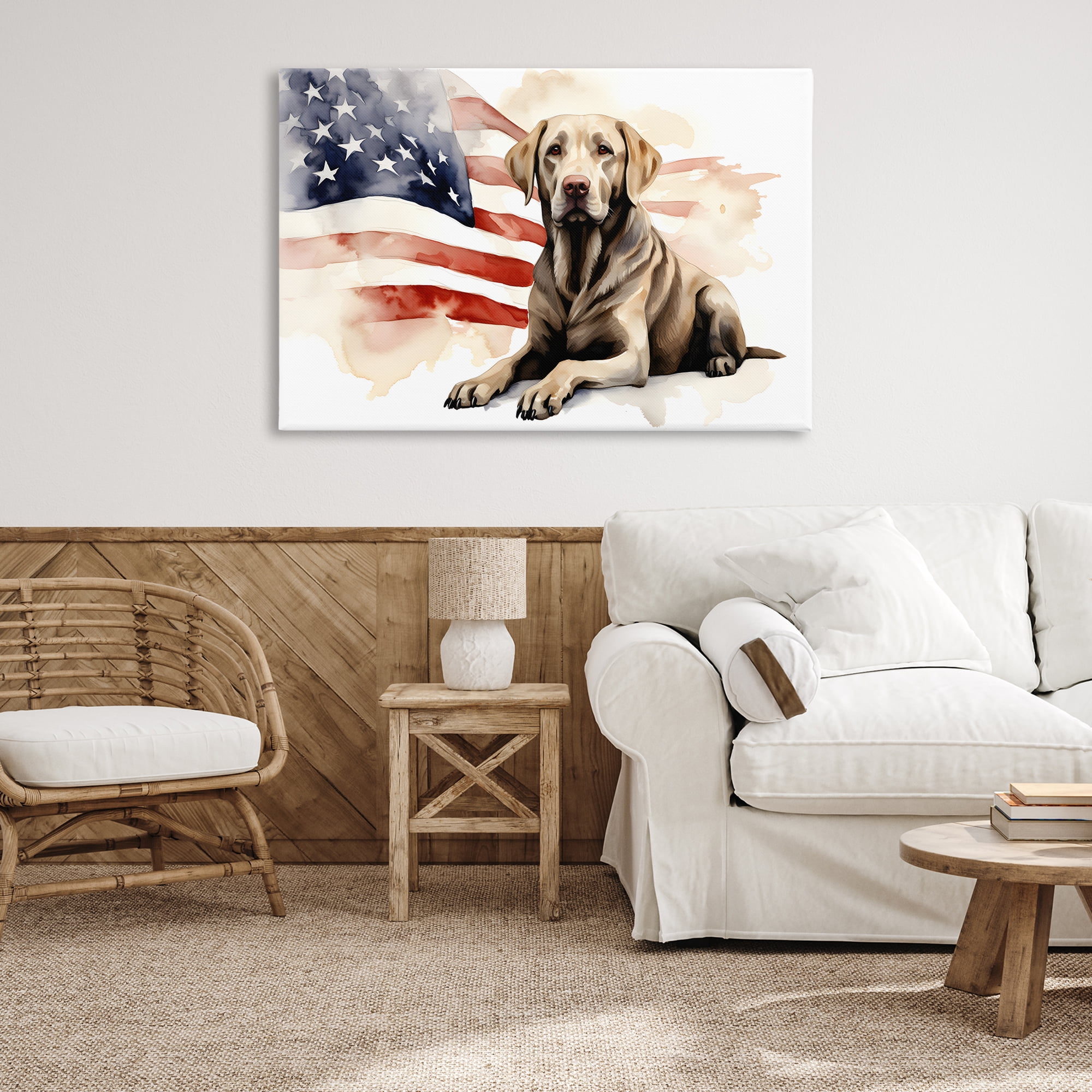 Stupell Industries Patriotic Dog with Flag Animals & Insects Painting Gallery Wrapped Canvas Art Print Wall Art, 45 x 30