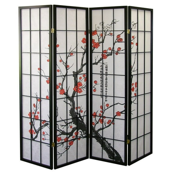Roundhill Furniture Japanese 4-Panel Screen Room Divider in Plum Blossom