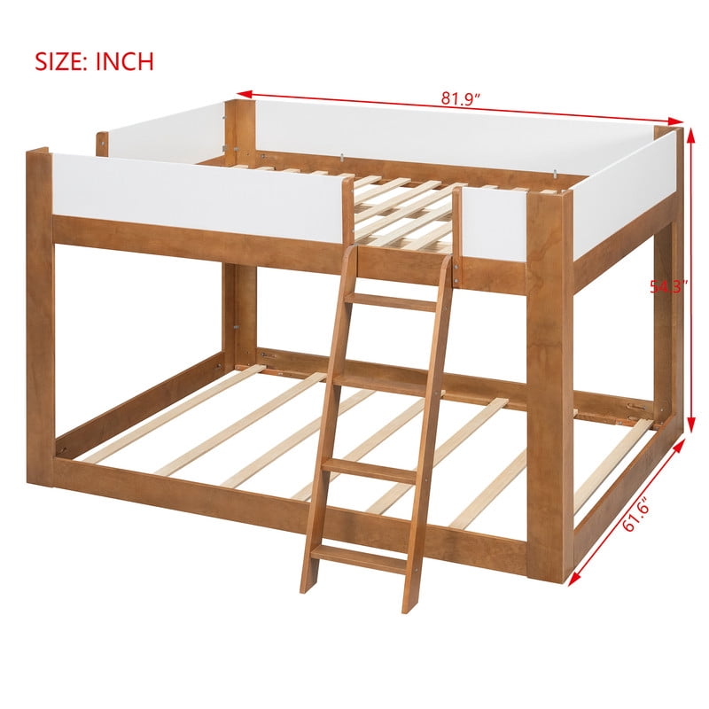 Queen-Over-Queen Low-Profile Bunk Bed with Guardrails, Wooden Kids Bed with Reversible Ladder, Accent Two-Tone Bed Frame