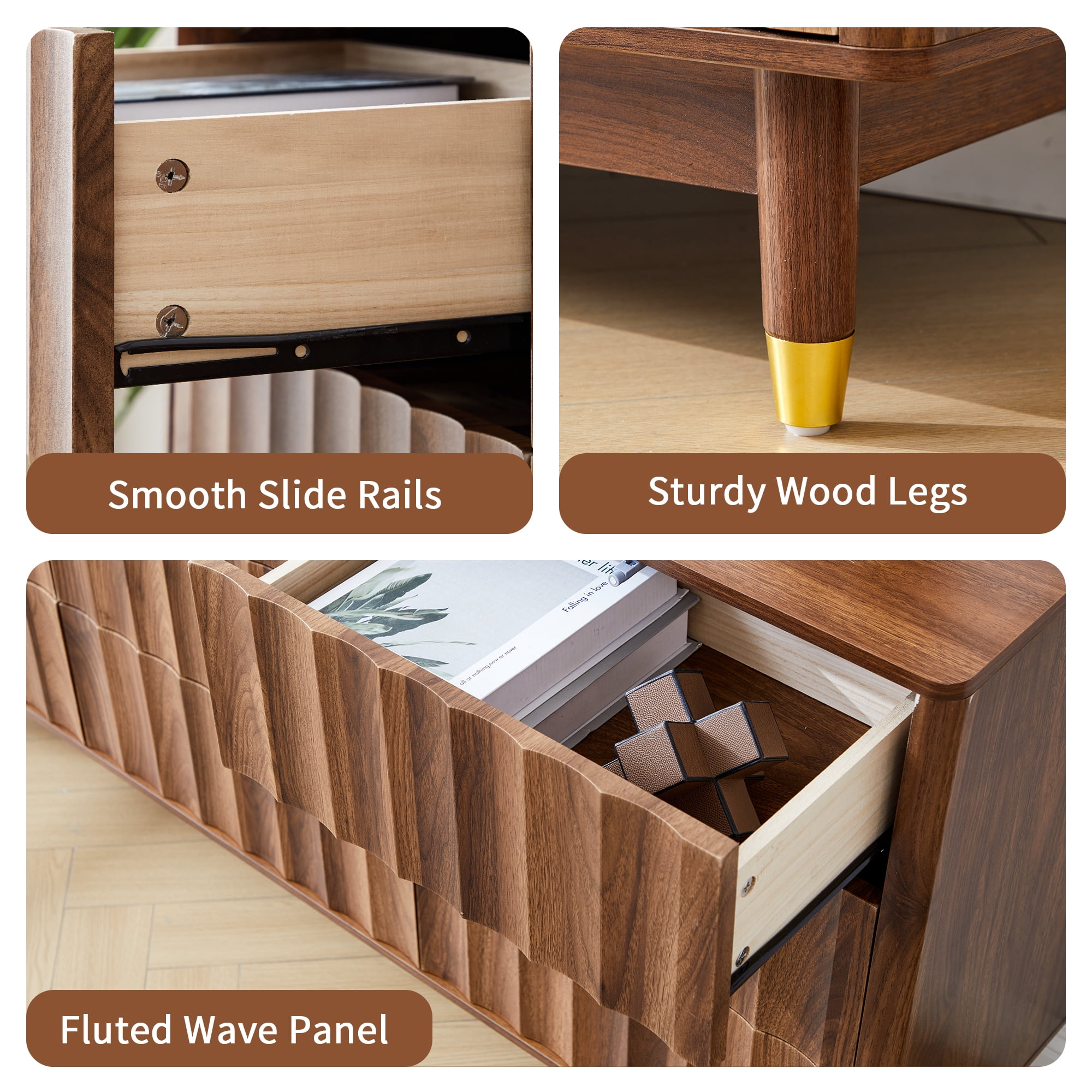 LEFHDA Fluted 9-Drawer Dresser for Bedroom with Deep Drawers, 60" Wide Mid Century Modern Chest of Drawers, Wooden Dresser TV Stand for Living Room, Hallway, Closet (Walnut)
