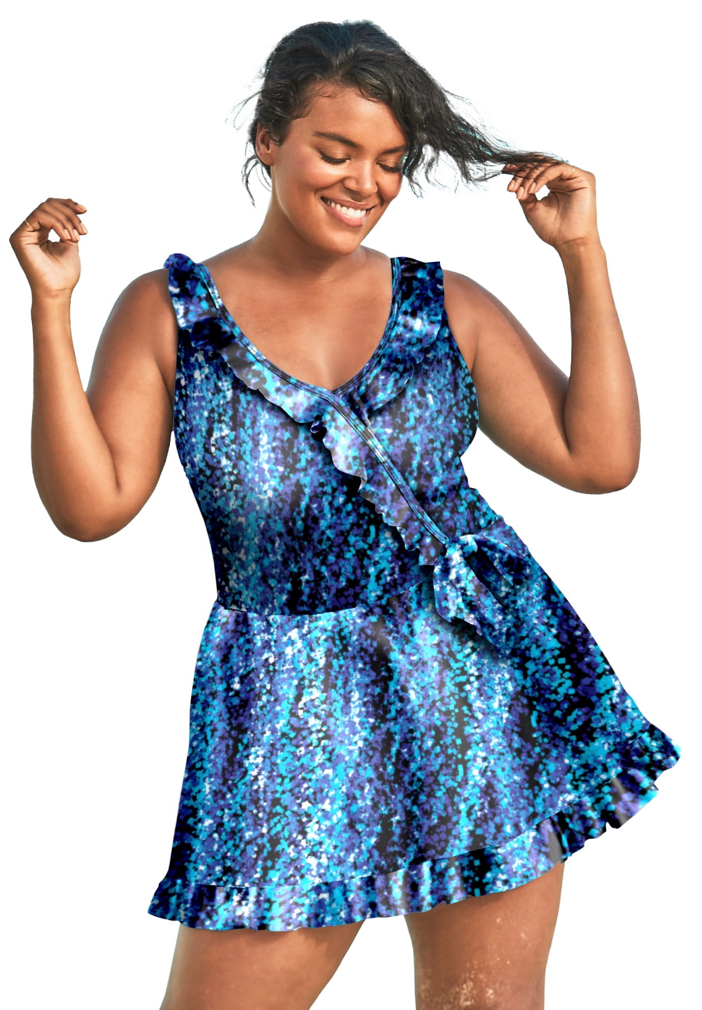 Swimsuits For All Women's Plus Size FauxWrap Swim Dress 28 Blue